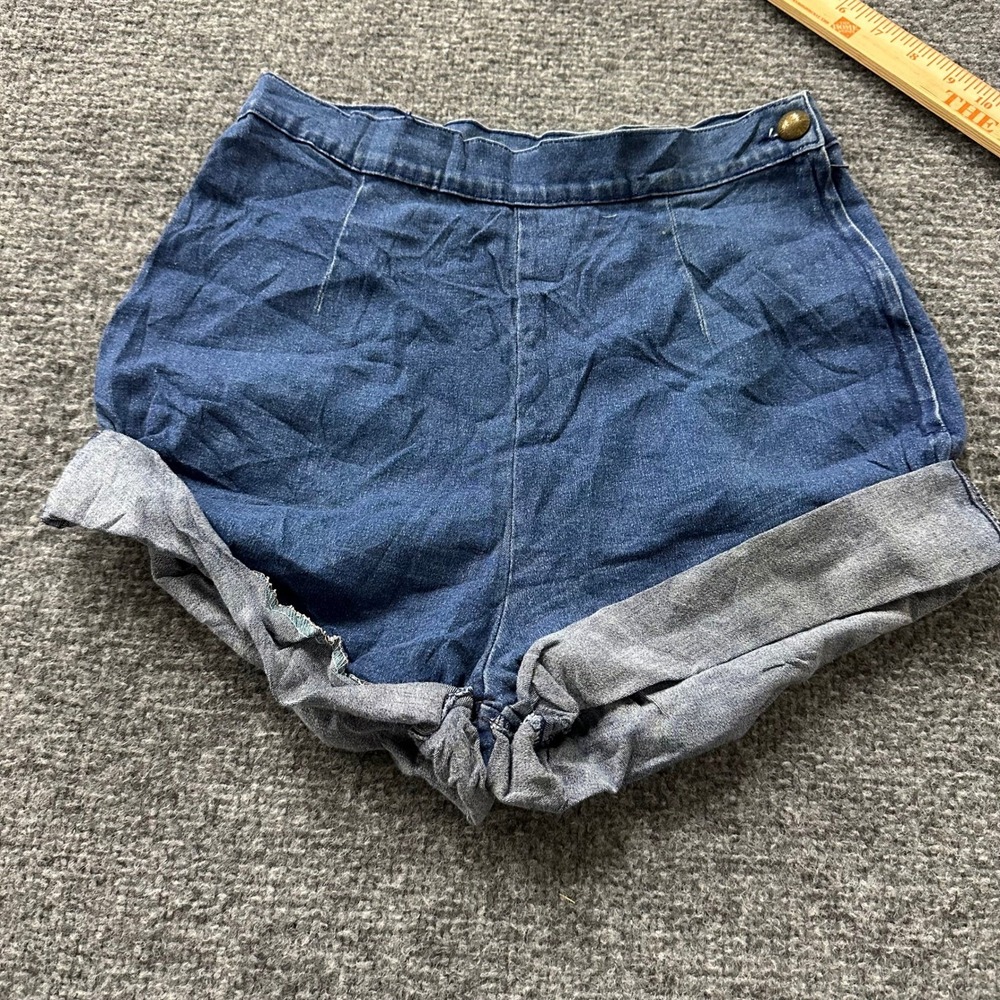 BNDL Shorts Womens Size 10 Blue High Waisted Pleated Cuffed Denim Stretch Casual
